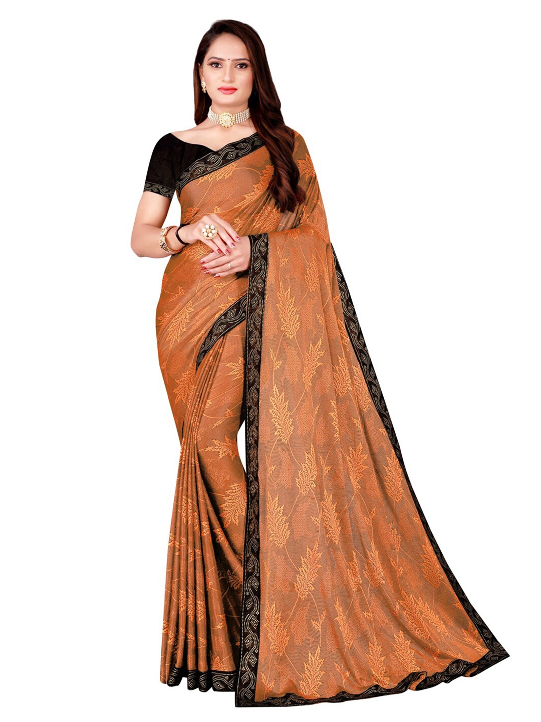 

SAADHVI Orange & Coffee Brown Floral Printed Art Silk Saree