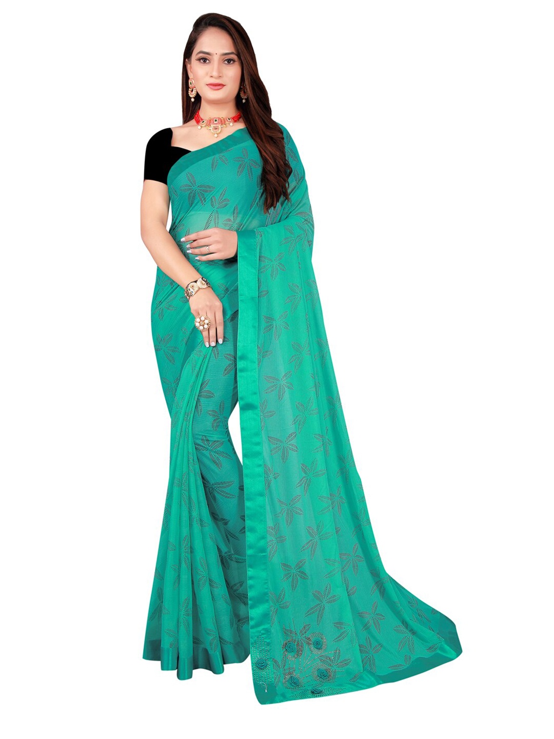 

SAADHVI Sea Green & Black Floral Art Silk Saree