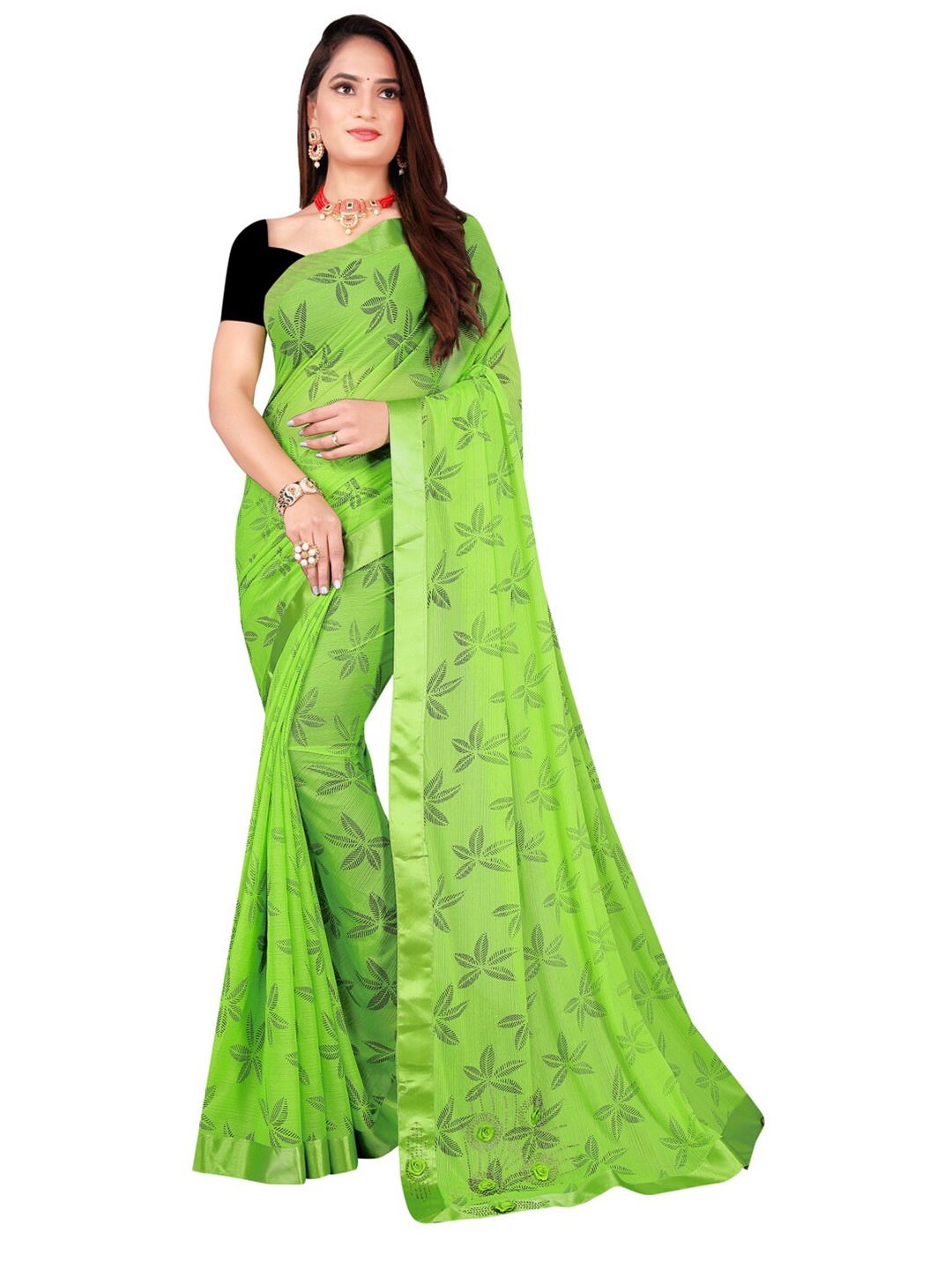 

SAADHVI Green & Black Floral Art Silk Saree