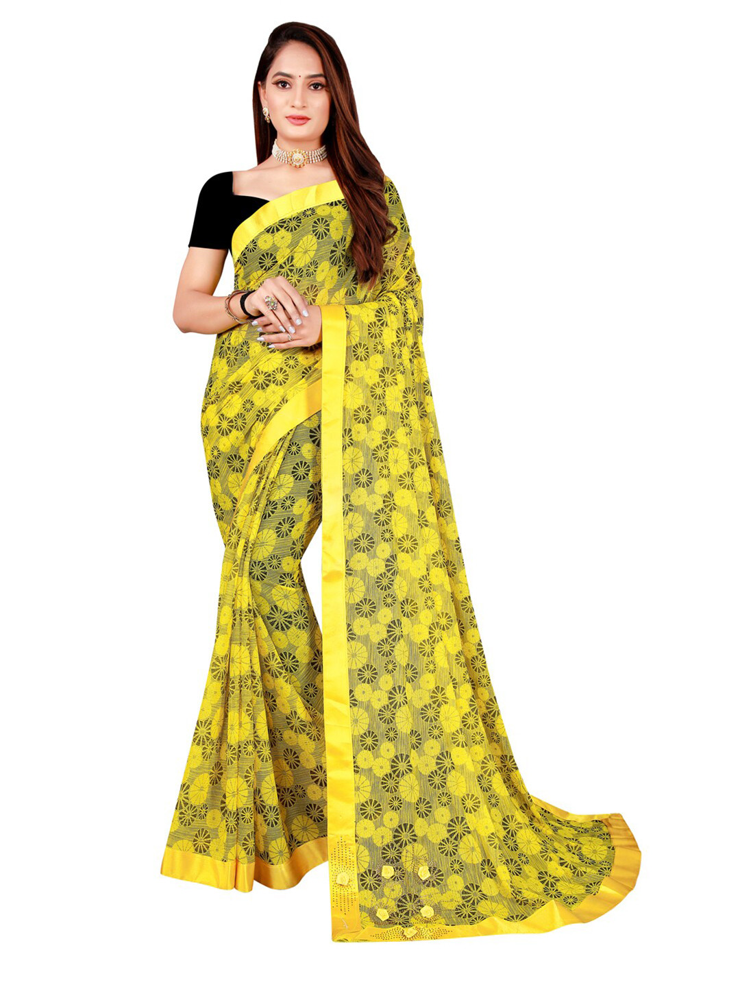 

SAADHVI Yellow & Grey Floral Art Silk Saree