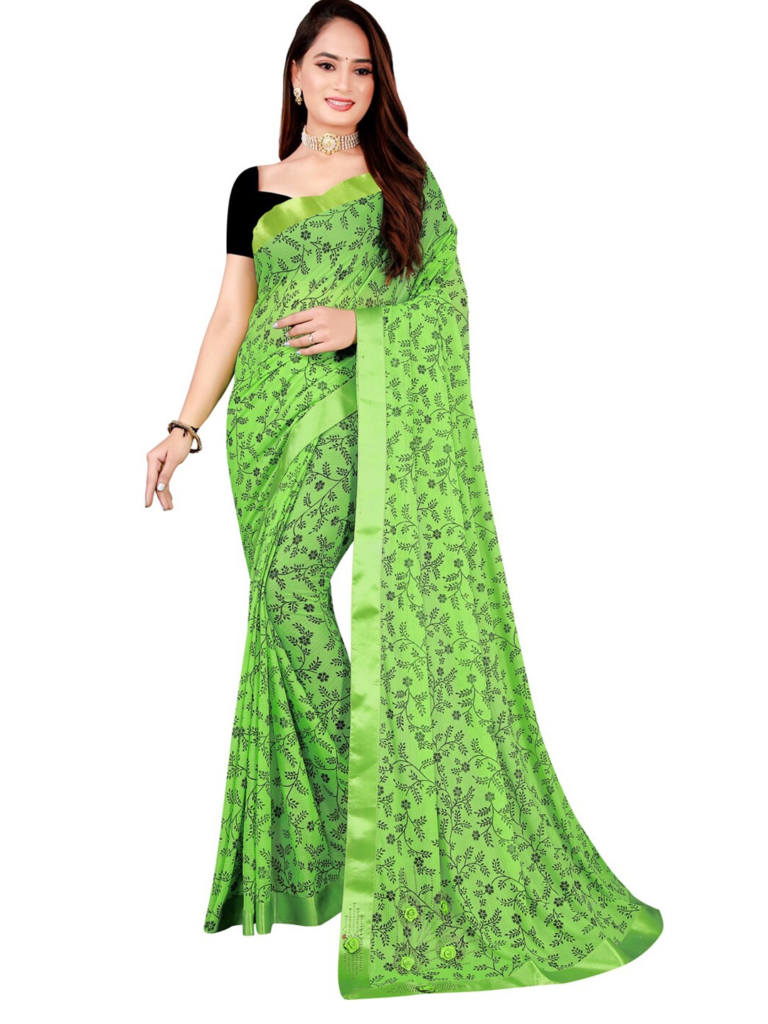 

SAADHVI Green & Navy Blue Floral Printed Art Silk Saree