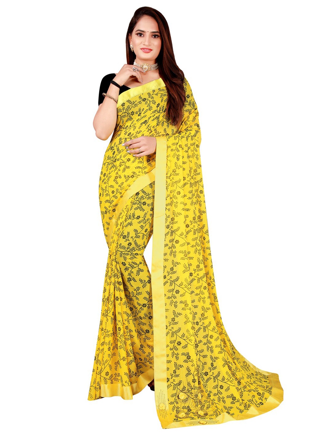

SAADHVI Yellow & Black Floral Art Silk Saree