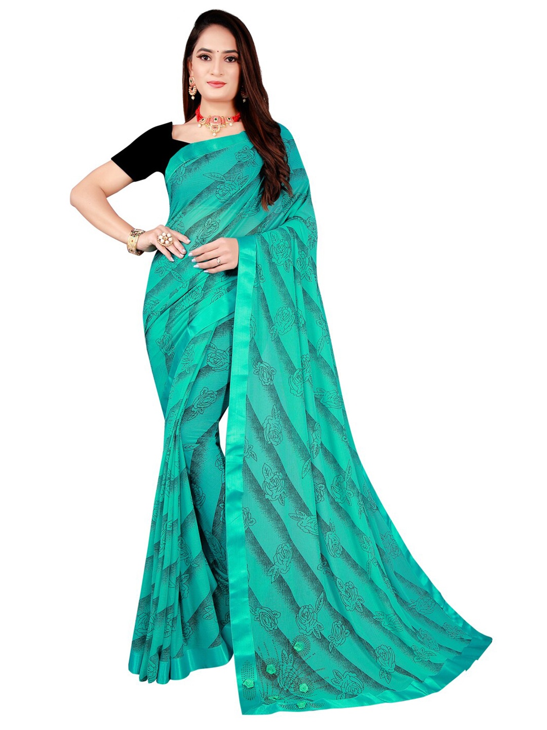 

SAADHVI Sea Green & Grey Floral Art Silk Saree