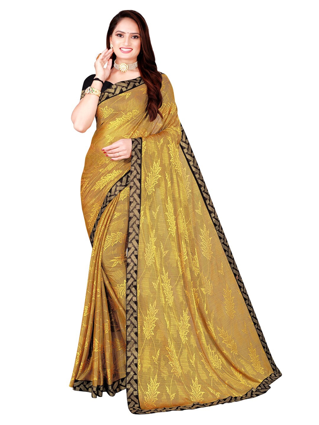

SAADHVI Yellow & Black Floral Printed Art Silk Saree