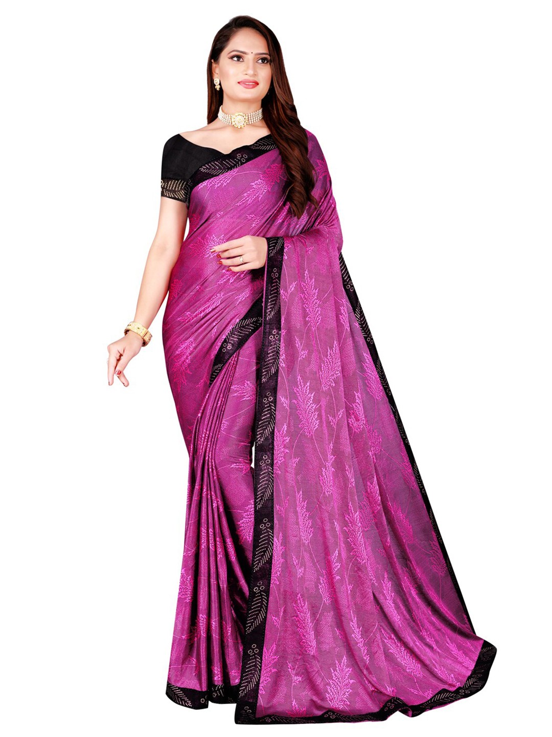

SAADHVI Magenta & Black Floral Art Silk Saree
