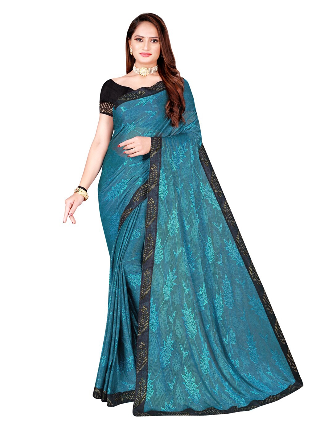 

SAADHVI Teal & Black Floral Art Silk Saree