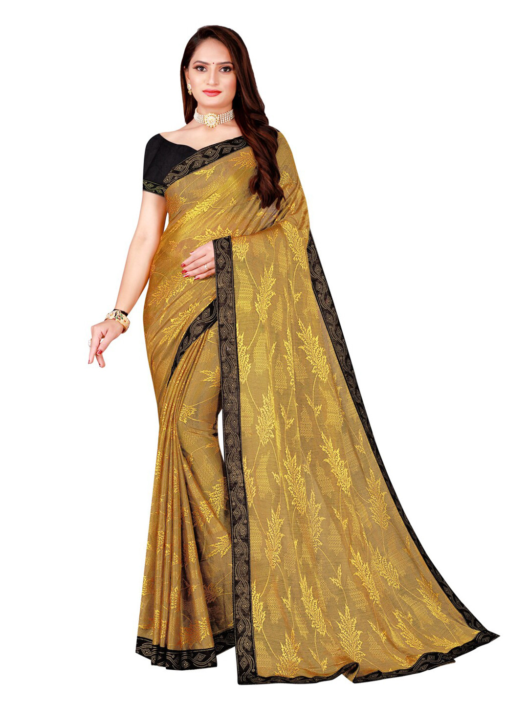 

SAADHVI Yellow & Black Floral Printed Art Silk Saree
