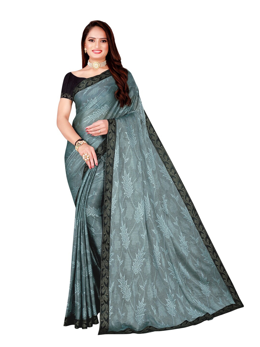 

SAADHVI Grey & Black Floral Art Silk Saree