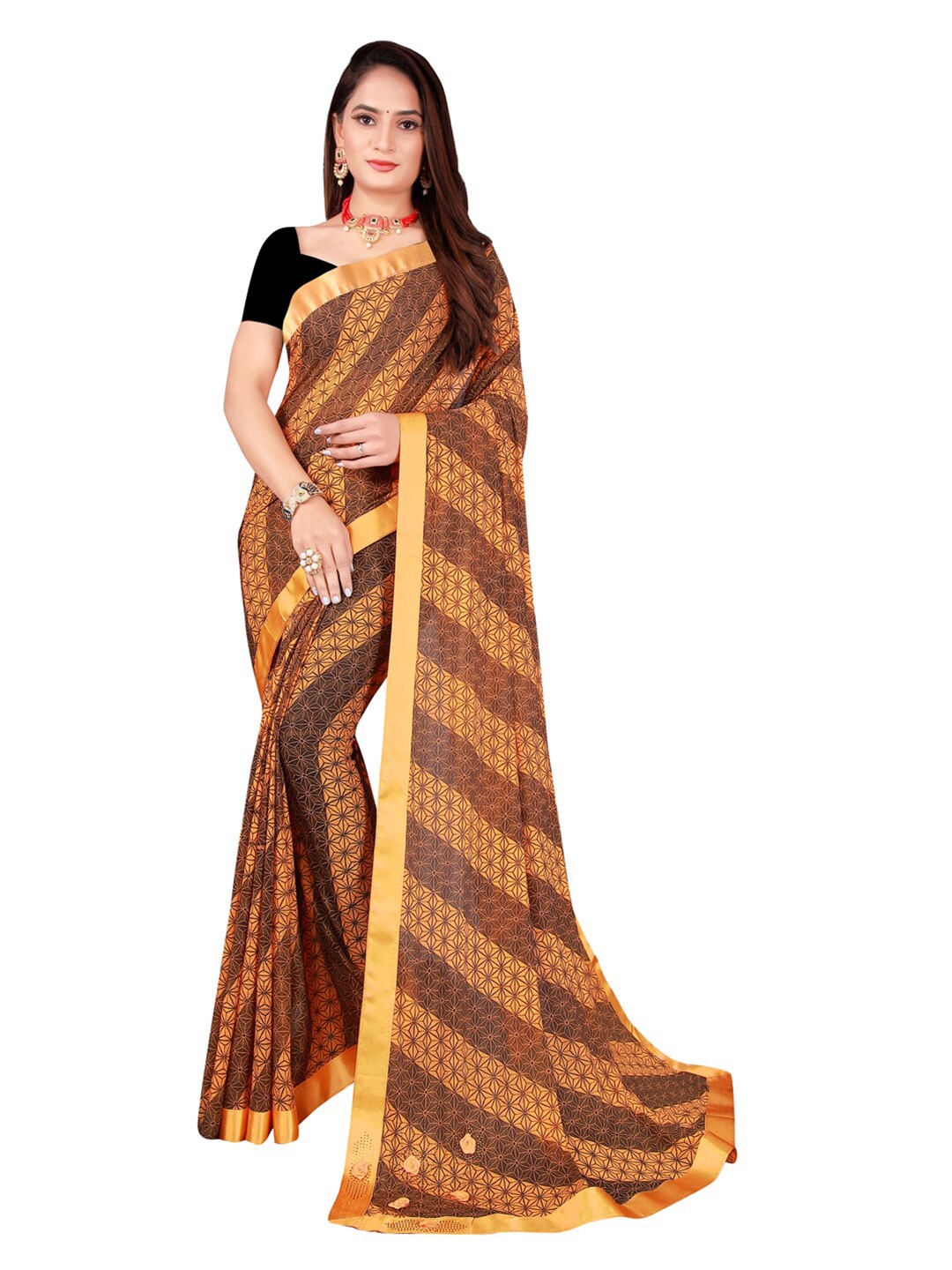 

SAADHVI Orange & Black Art Silk Saree