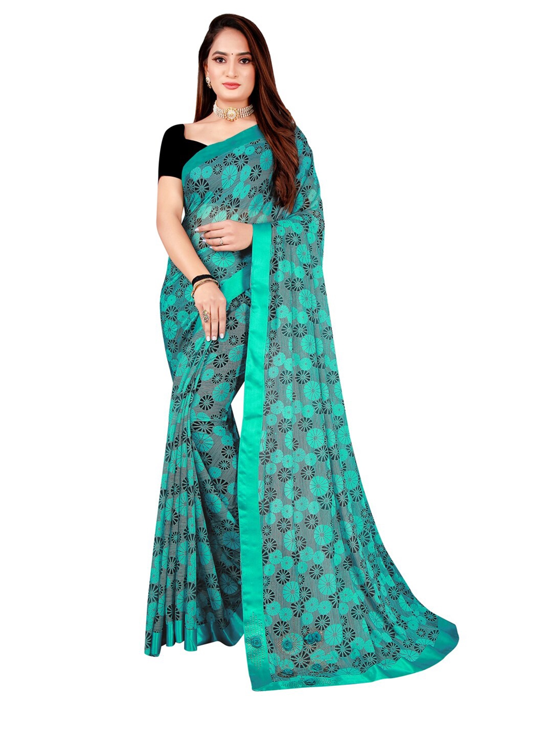 

SAADHVI Teal Floral Art Silk Saree