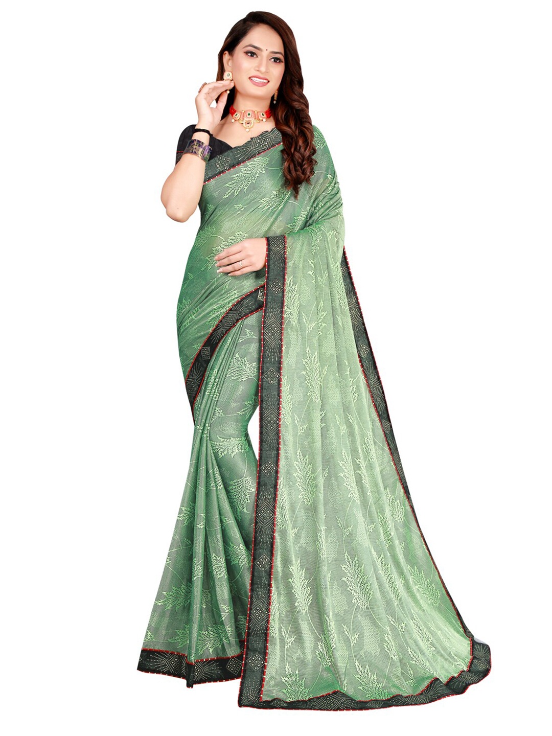 

SAADHVI Olive Green & Black Floral Art Silk Saree