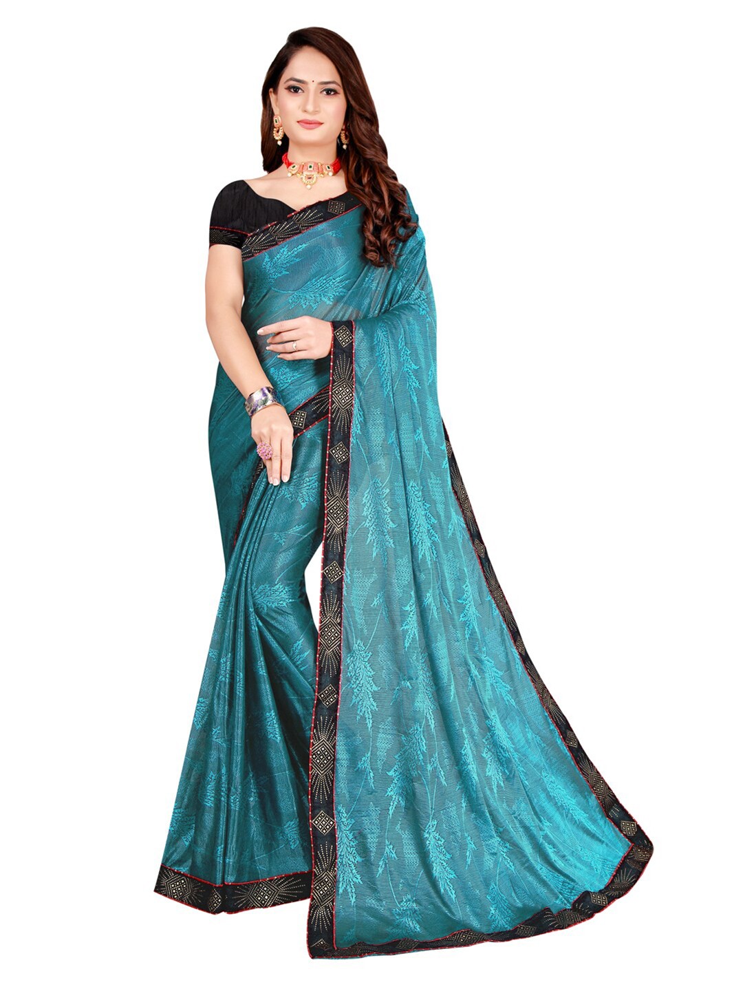 

SAADHVI Teal & Black Floral Art Silk Saree