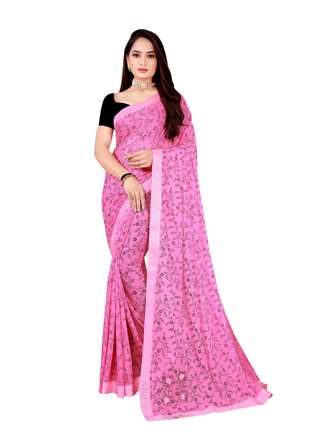 

SAADHVI Pink & Black Floral Art Silk Saree