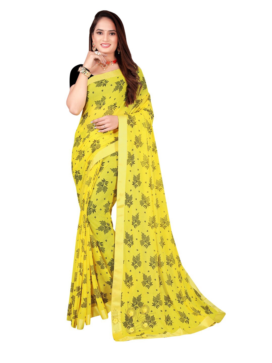 

SAADHVI Yellow & Green Floral Art Silk Saree