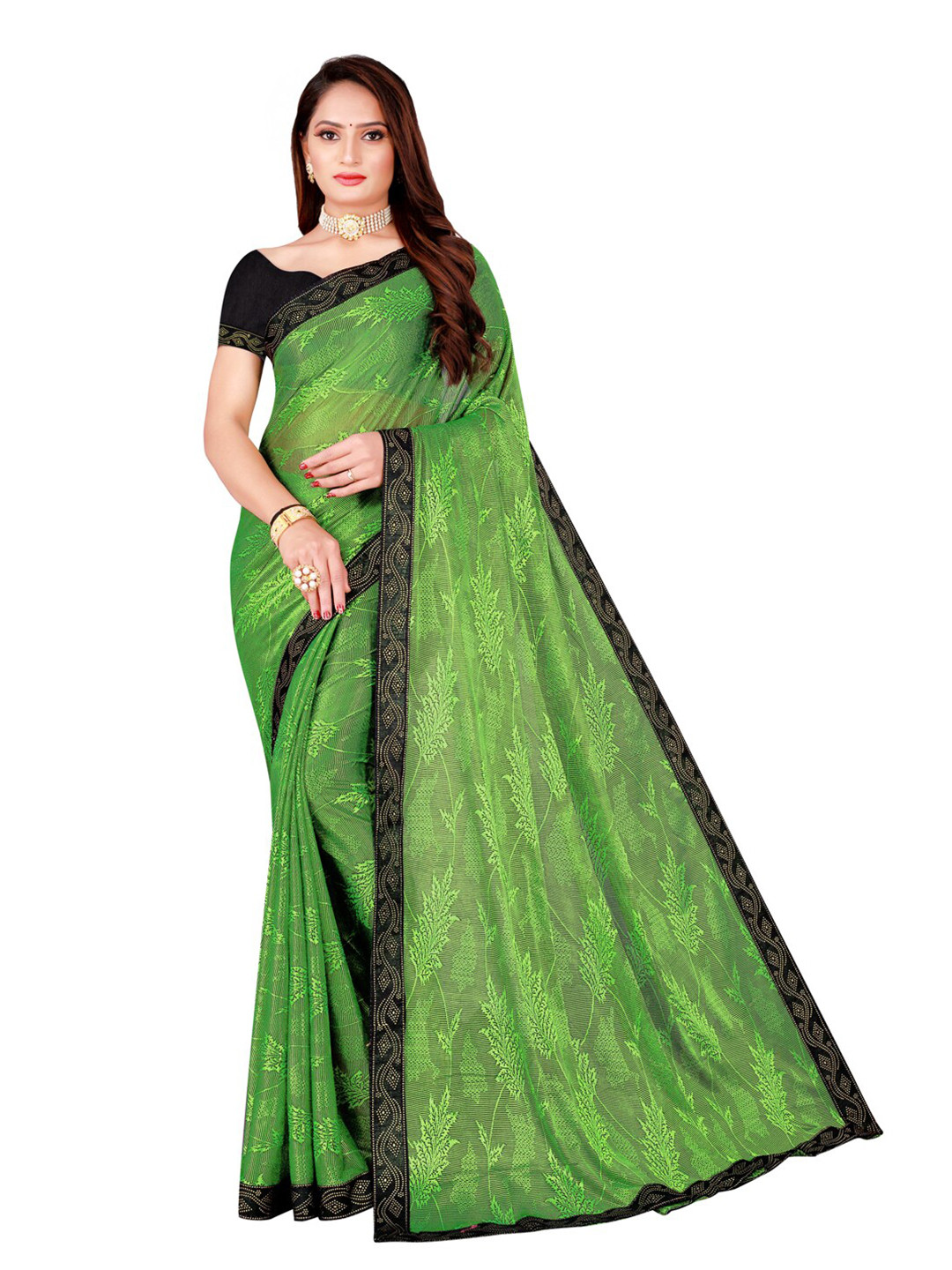 

SAADHVI Lime Green Floral Art Silk Saree