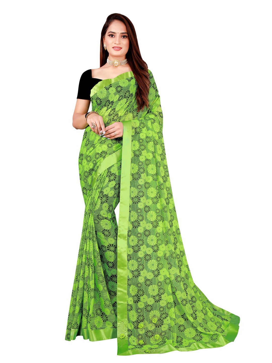 

SAADHVI Green Floral Art Silk Saree