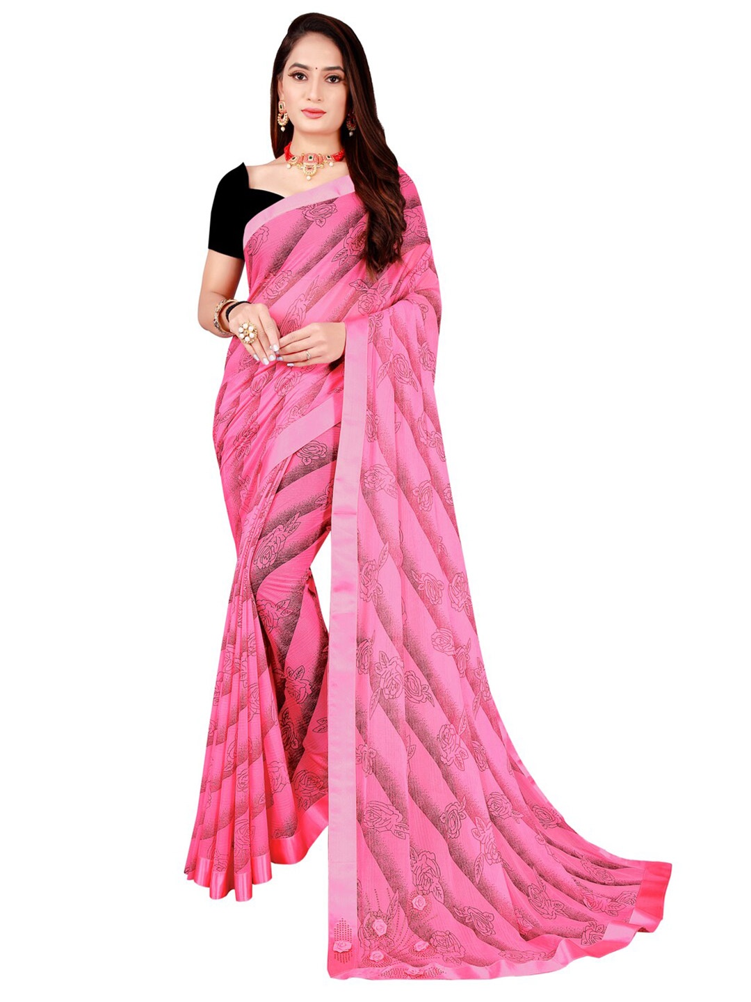 

SAADHVI Pink & Grey Floral Art Silk Saree