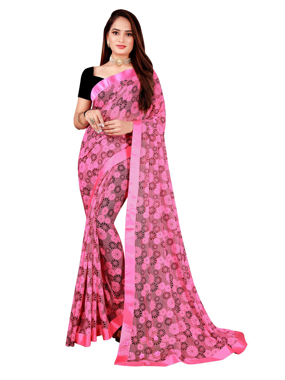 

SAADHVI Pink & Black Floral Art Silk Saree
