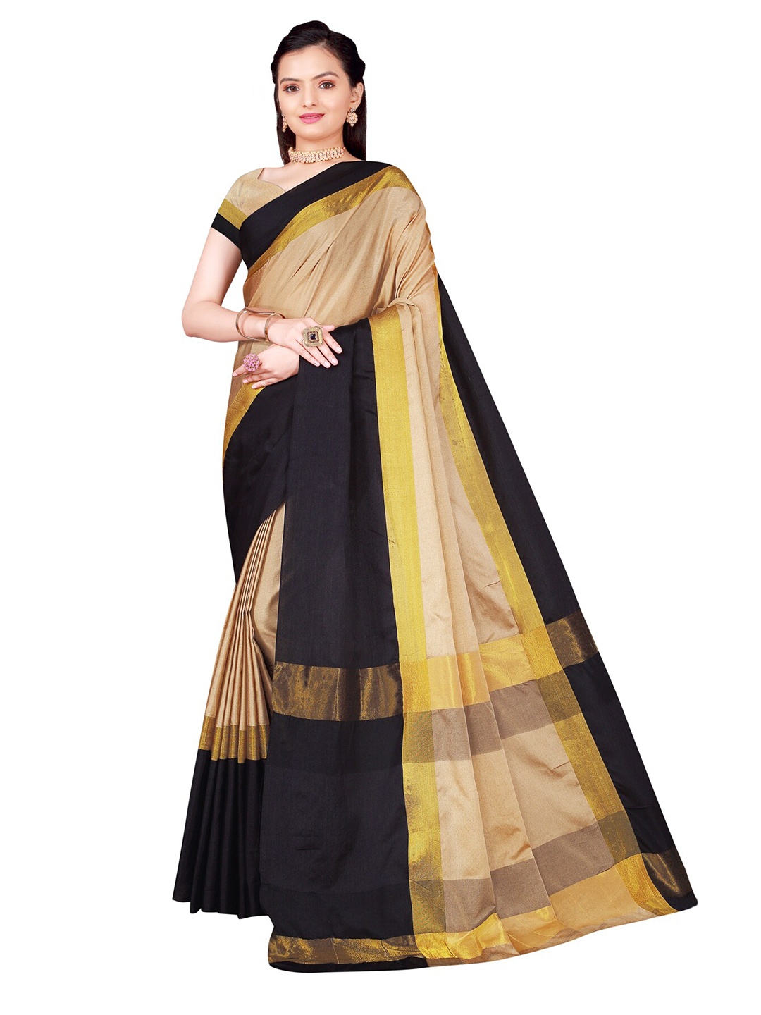 

SAADHVI Gold-Toned & Black Silk Cotton Saree