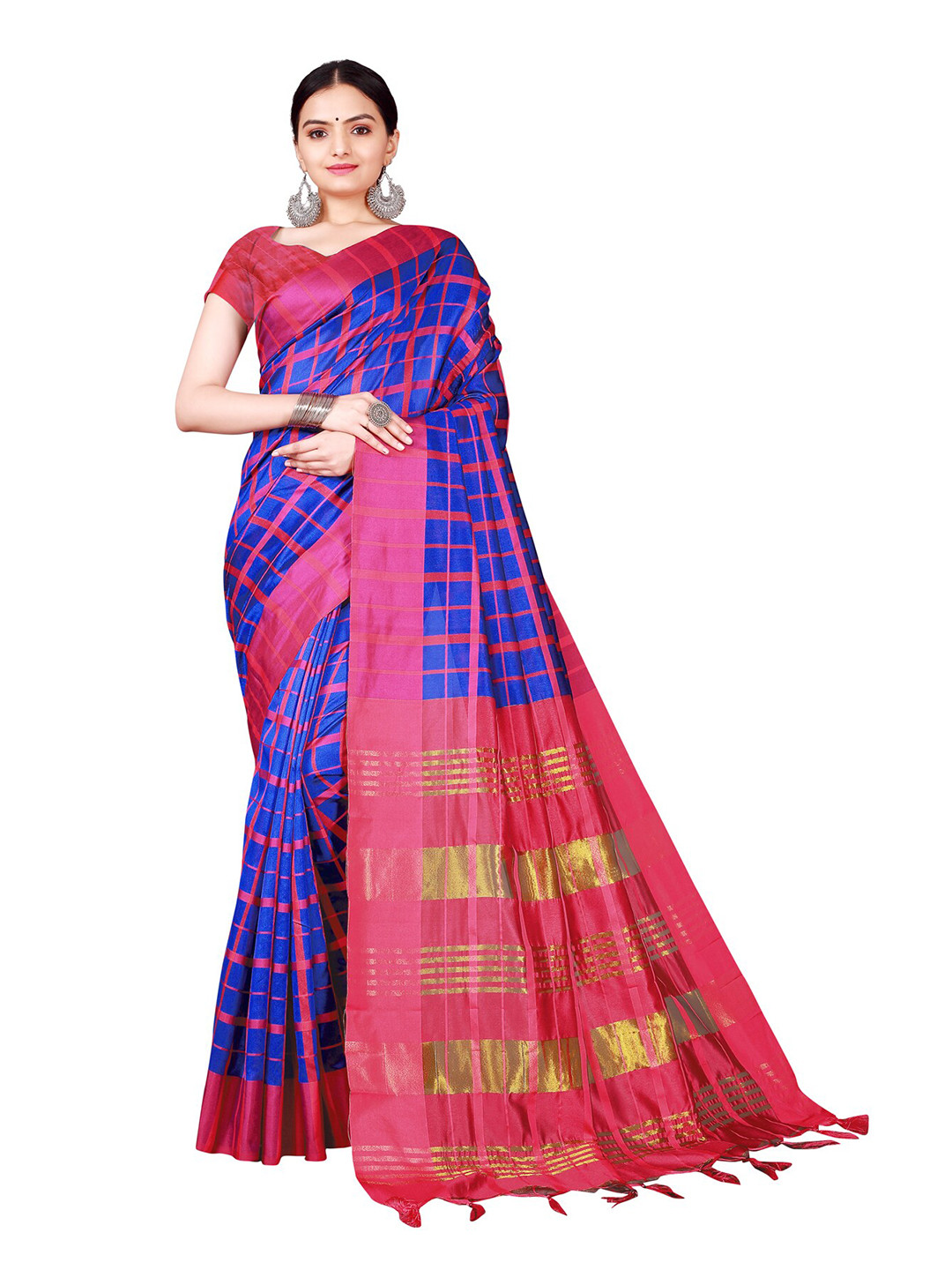 

SAADHVI Blue & Magenta Checked Cotton Silk Saree