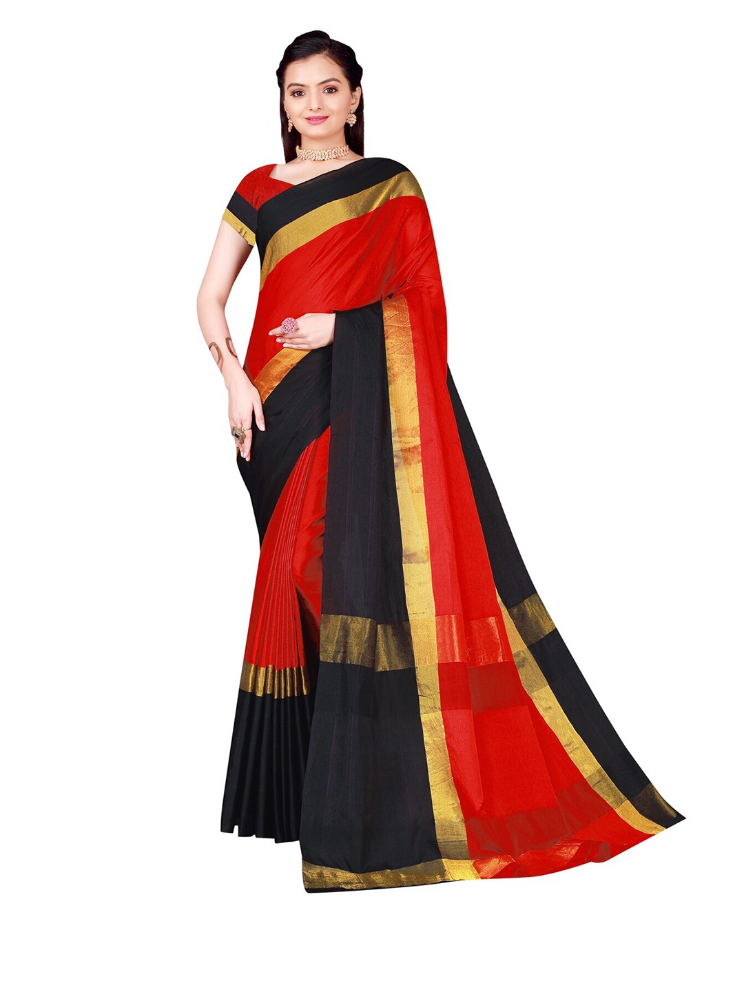 

SAADHVI Red & Black Striped Silk Cotton Saree