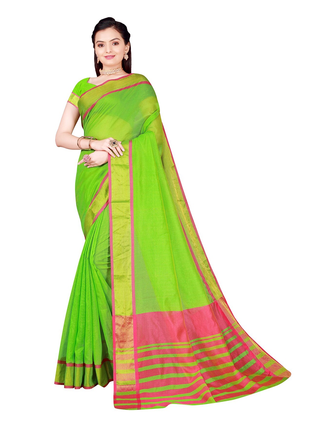 

SAADHVI Lime Green & Magenta Zari Saree