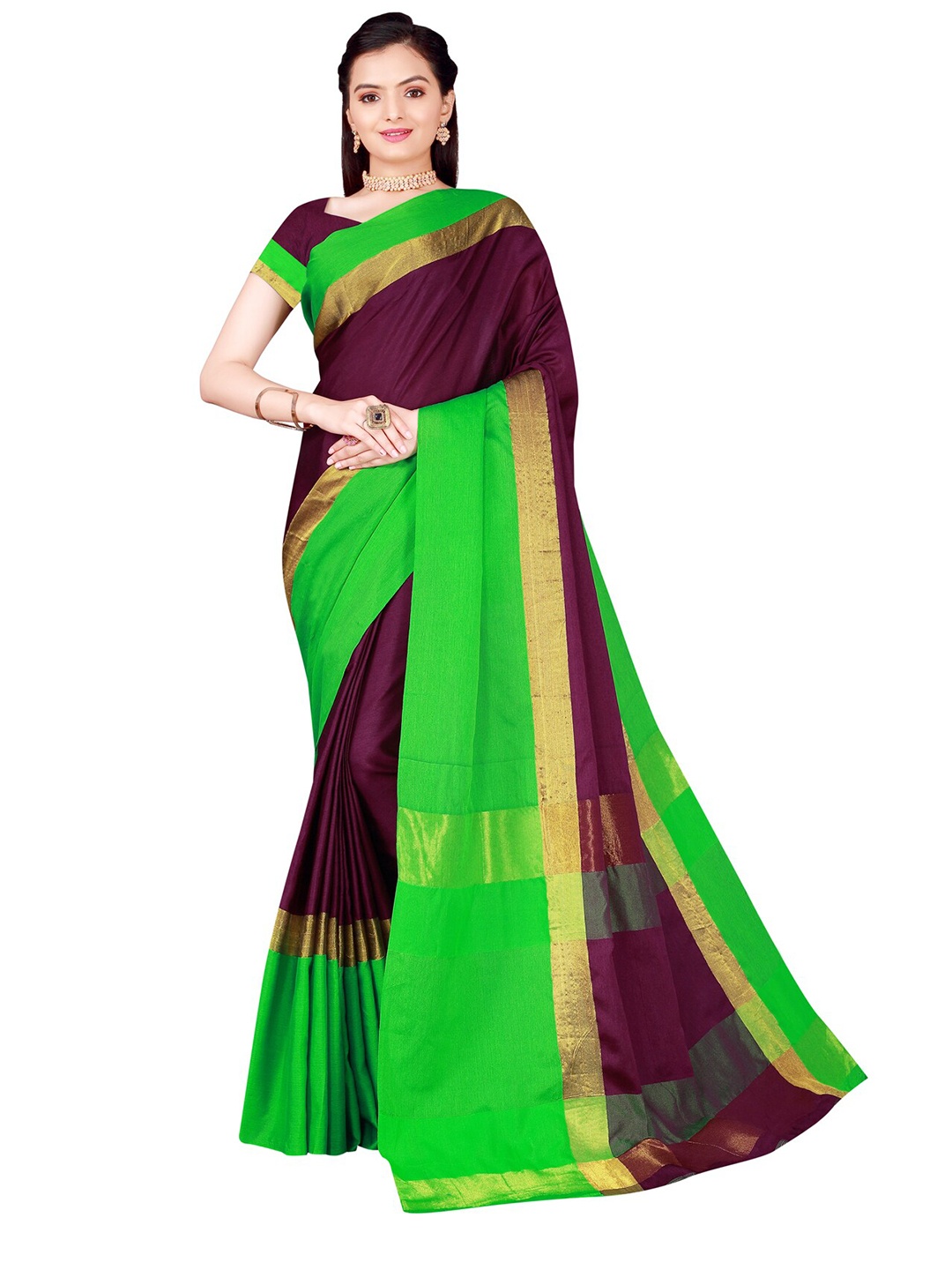 

SAADHVI Burgundy & Green Striped Cotton Silk Saree
