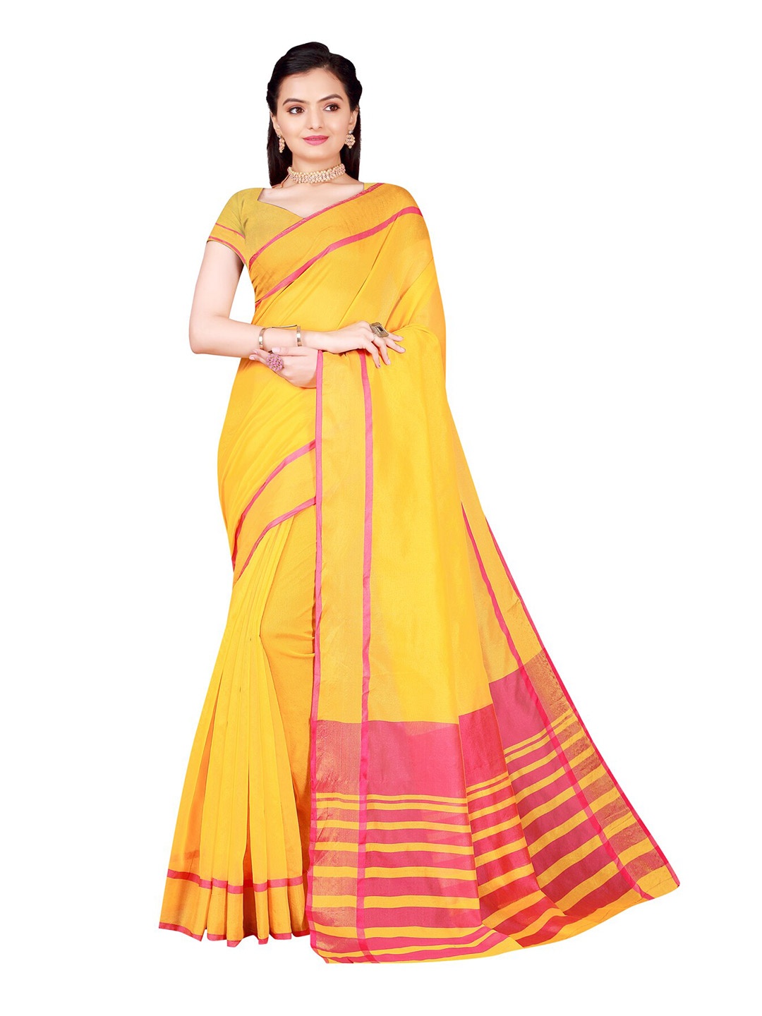 

SAADHVI Yellow & Red Striped Cotton Silk Saree