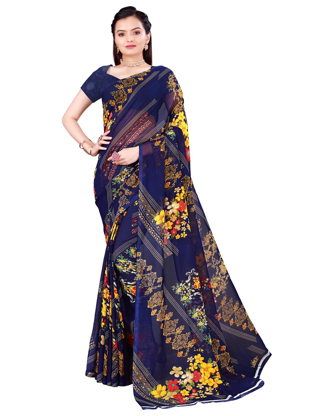 

SAADHVI Navy Blue Floral Pure Georgette Saree