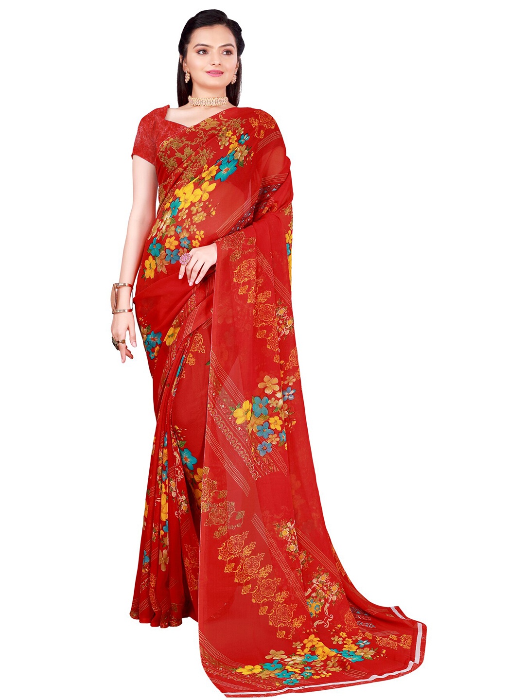 

SAADHVI Red & Yellow Floral Pure Georgette Saree