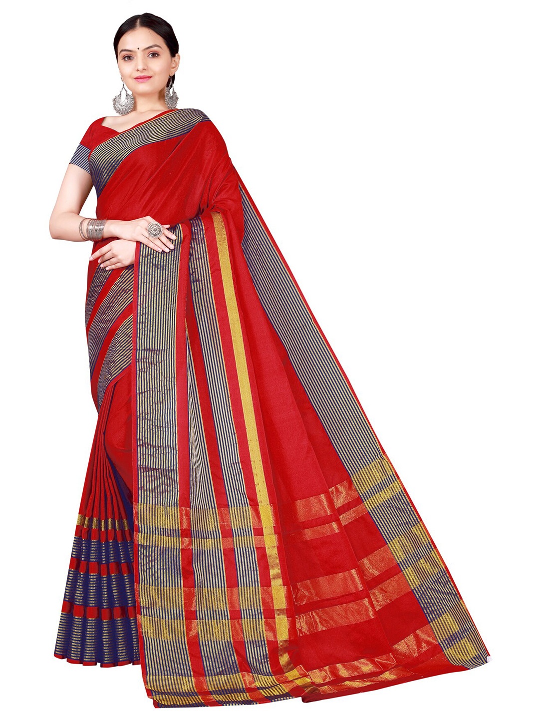 

SAADHVI Red & Blue Zari Silk Cotton Saree