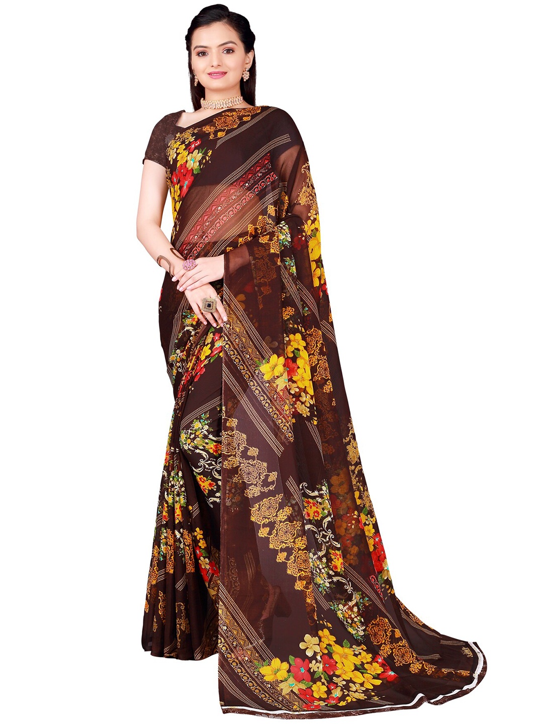 

SAADHVI Brown & Yellow Floral Pure Georgette Saree