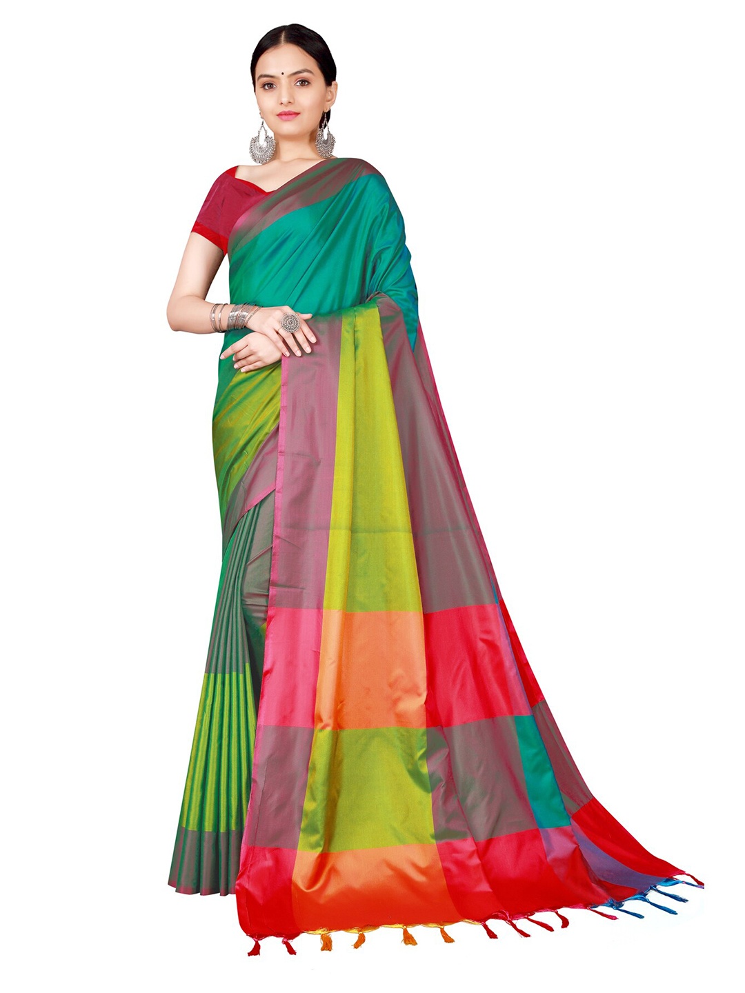 

SAADHVI Green & Red Checked Saree