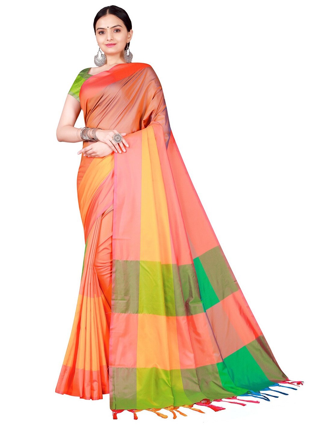 

SAADHVI Orange & Green Zari Saree
