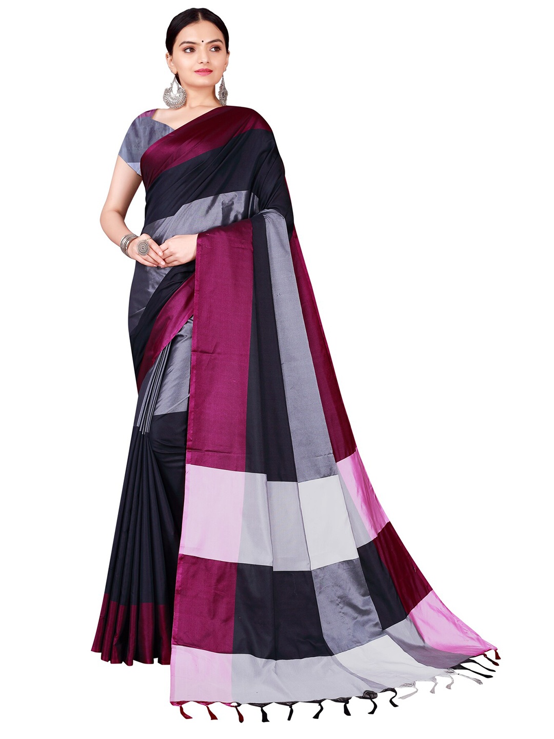 

SAADHVI Black & Magenta Striped Cotton Silk Saree