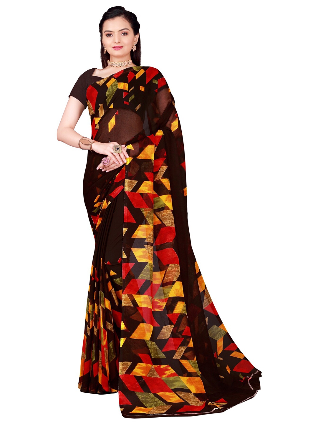 

SAADHVI Brown Floral Pure Georgette Saree