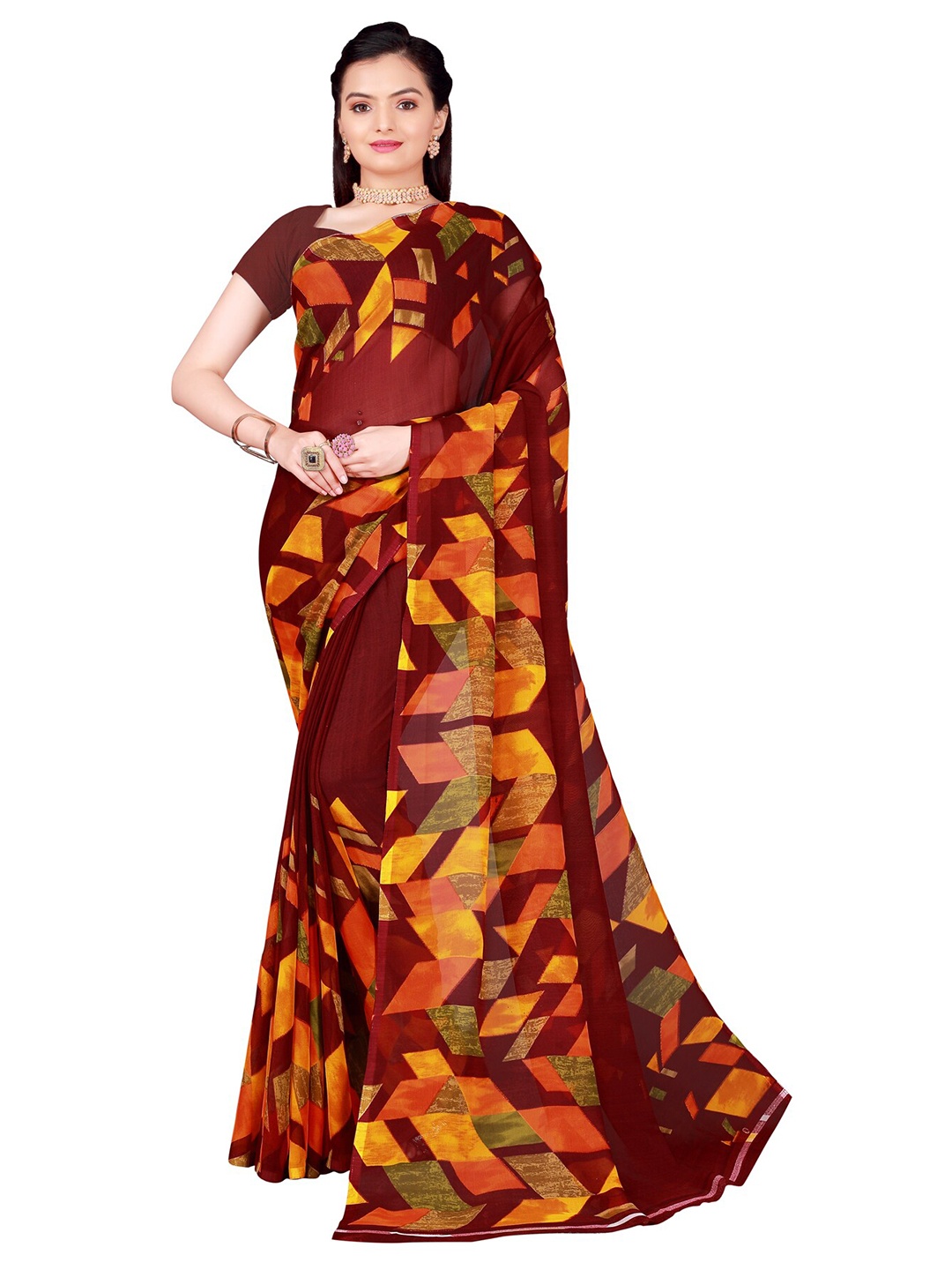 

SAADHVI Maroon & Orange Printed Pure Georgette Saree