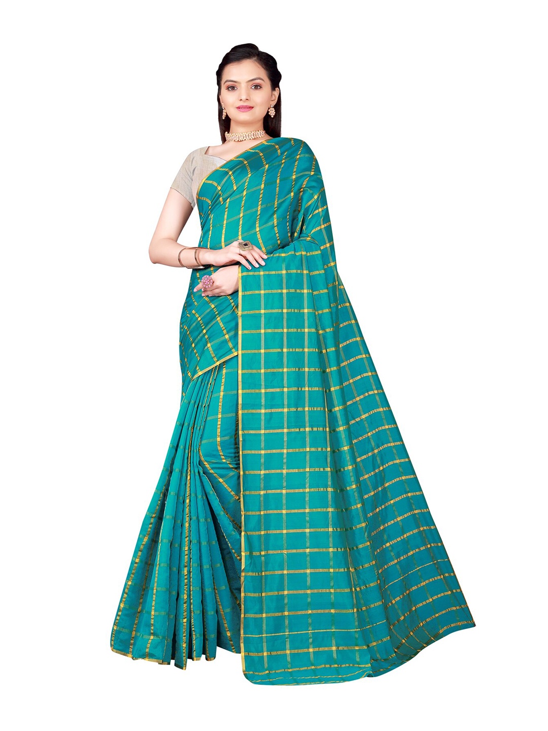 

SAADHVI Teal Blue Checked Zari Saree