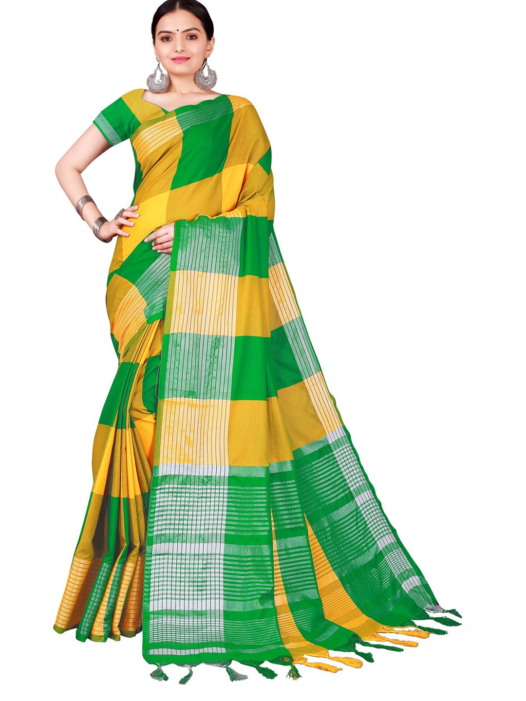 

SAADHVI Yellow & Green Checked Cotton Silk Saree