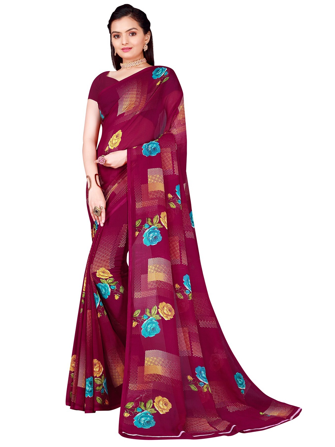 

SAADHVI Burgundy & Yellow Floral Printed Pure Georgette Saree