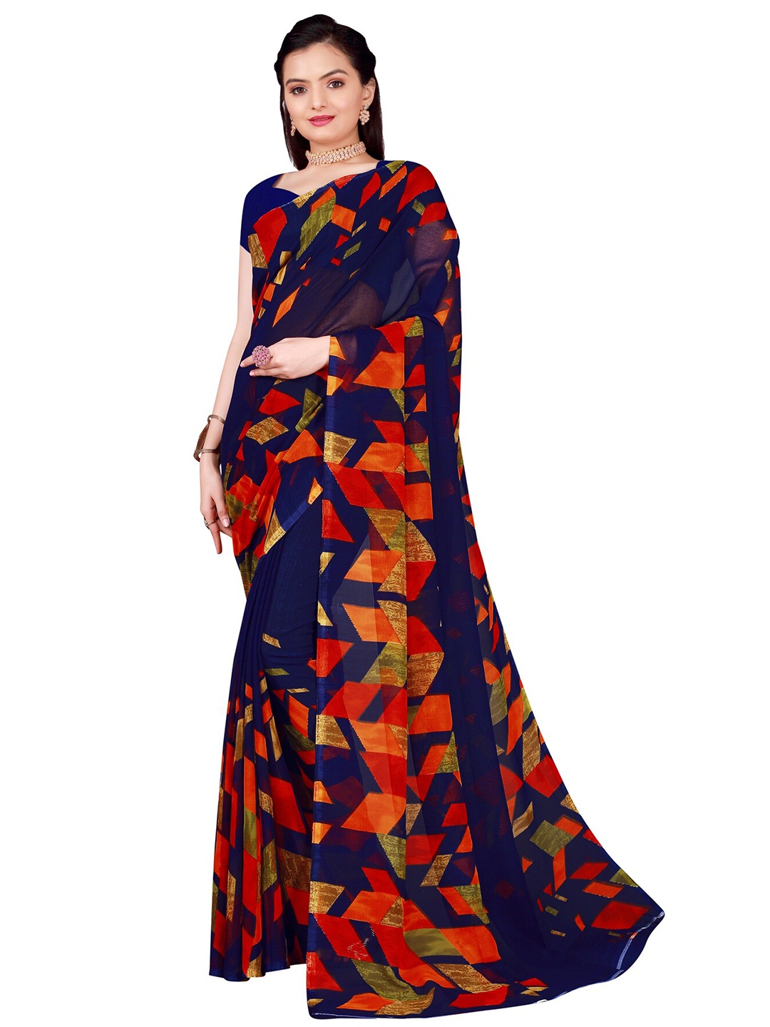 

SAADHVI Navy Blue & Red Abstract Printed Pure Georgette Saree