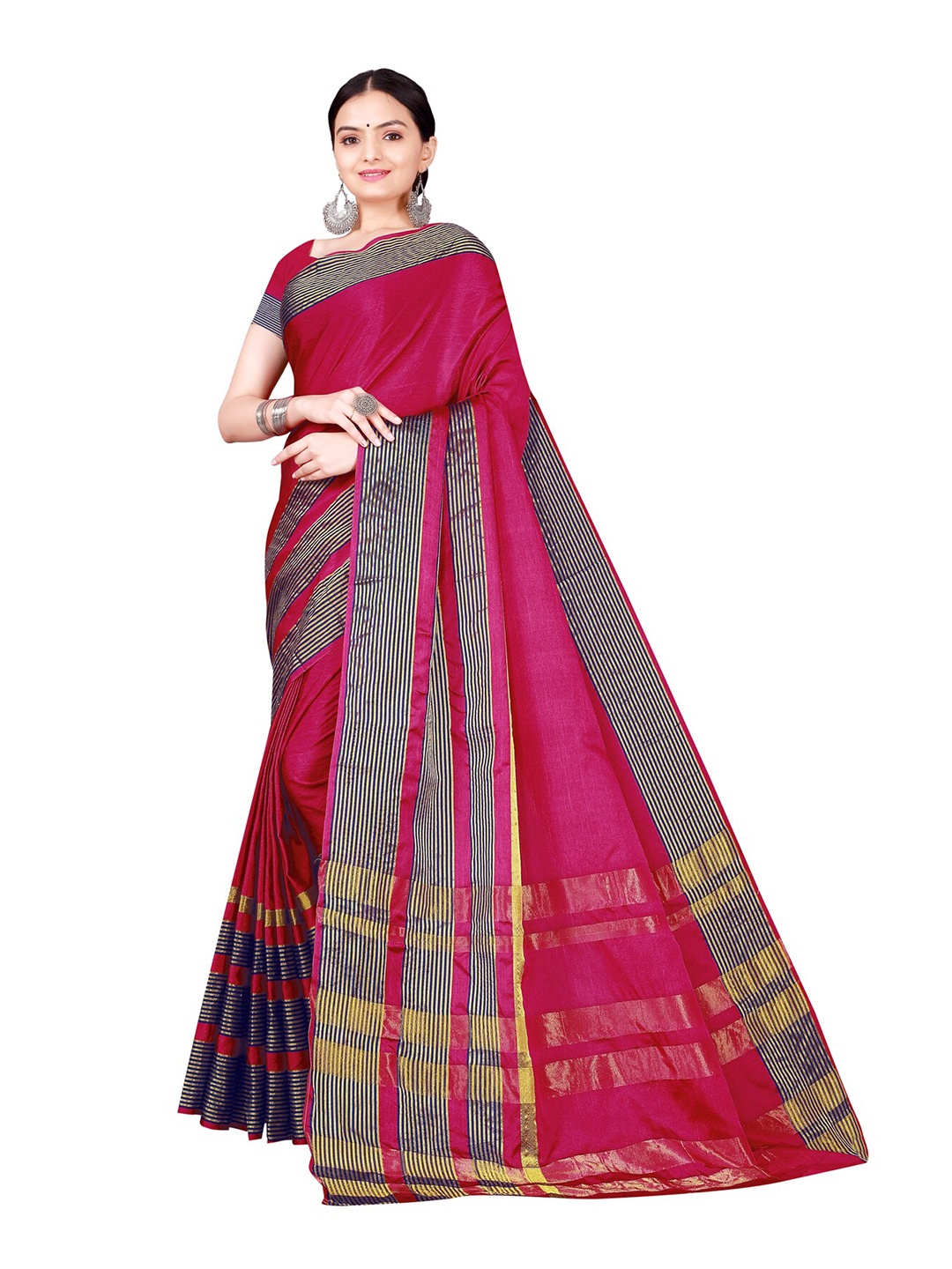 

SAADHVI Pink & Navy Blue Striped Zari Saree