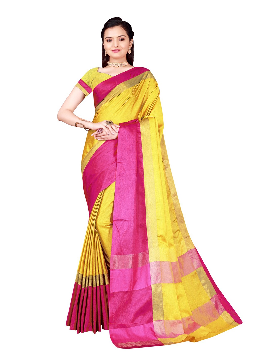 

SAADHVI Yellow & Pink Striped Saree