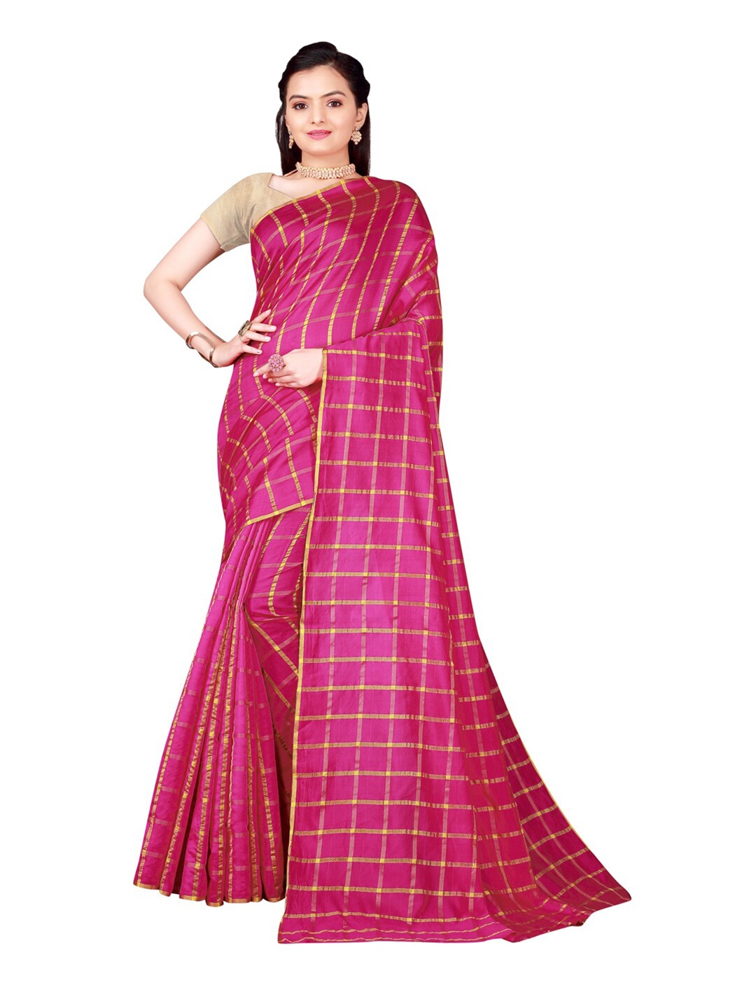 

SAADHVI Pink & Gold-Toned Checked Zari Silk Cotton Saree