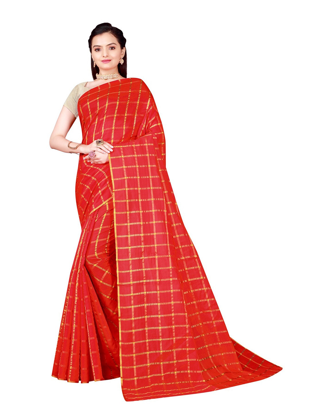

SAADHVI Red & Gold-Toned Checked Saree