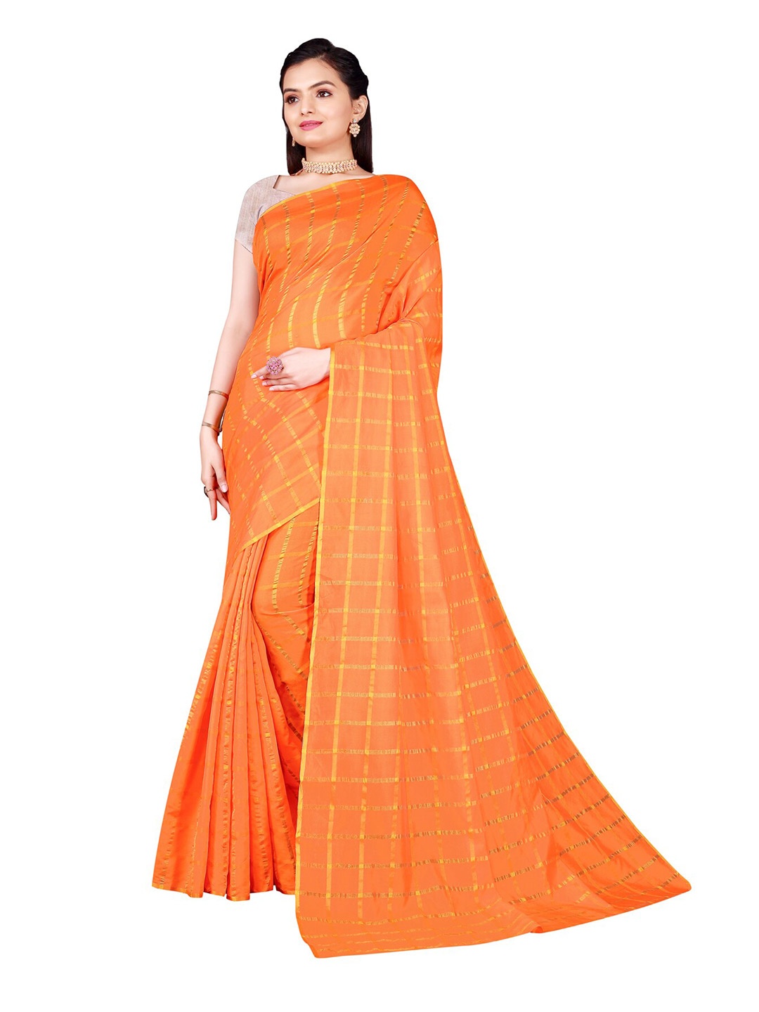 

SAADHVI Orange Checked Saree