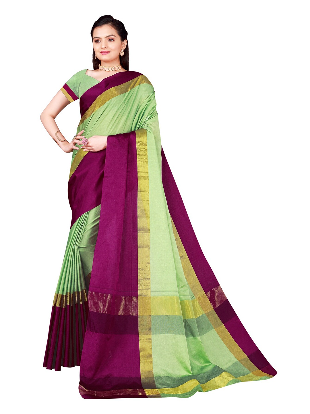 

SAADHVI Lime Green & Maroon Cotton Silk Saree