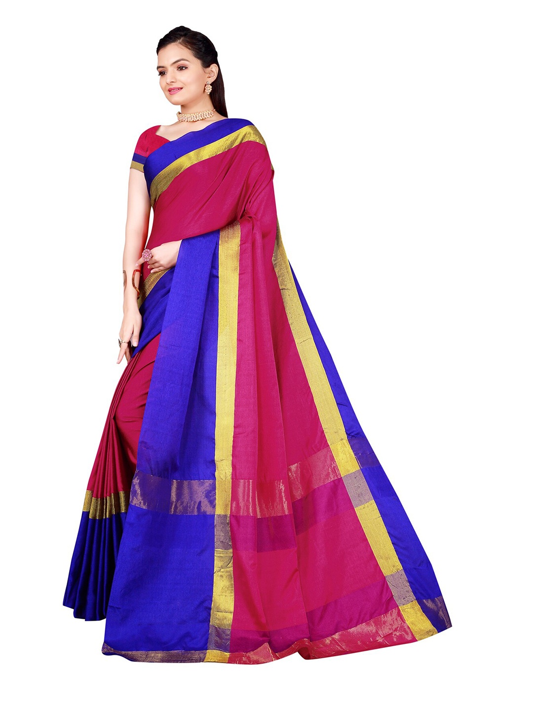 

SAADHVI Pink & Blue Solid Saree