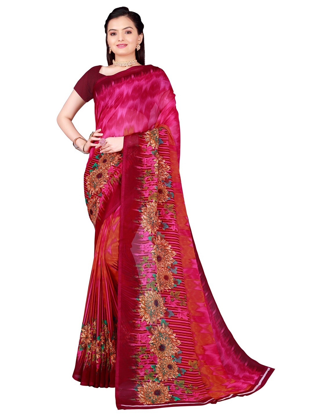 

SAADHVI Pink & Red Floral Pure Georgette Saree