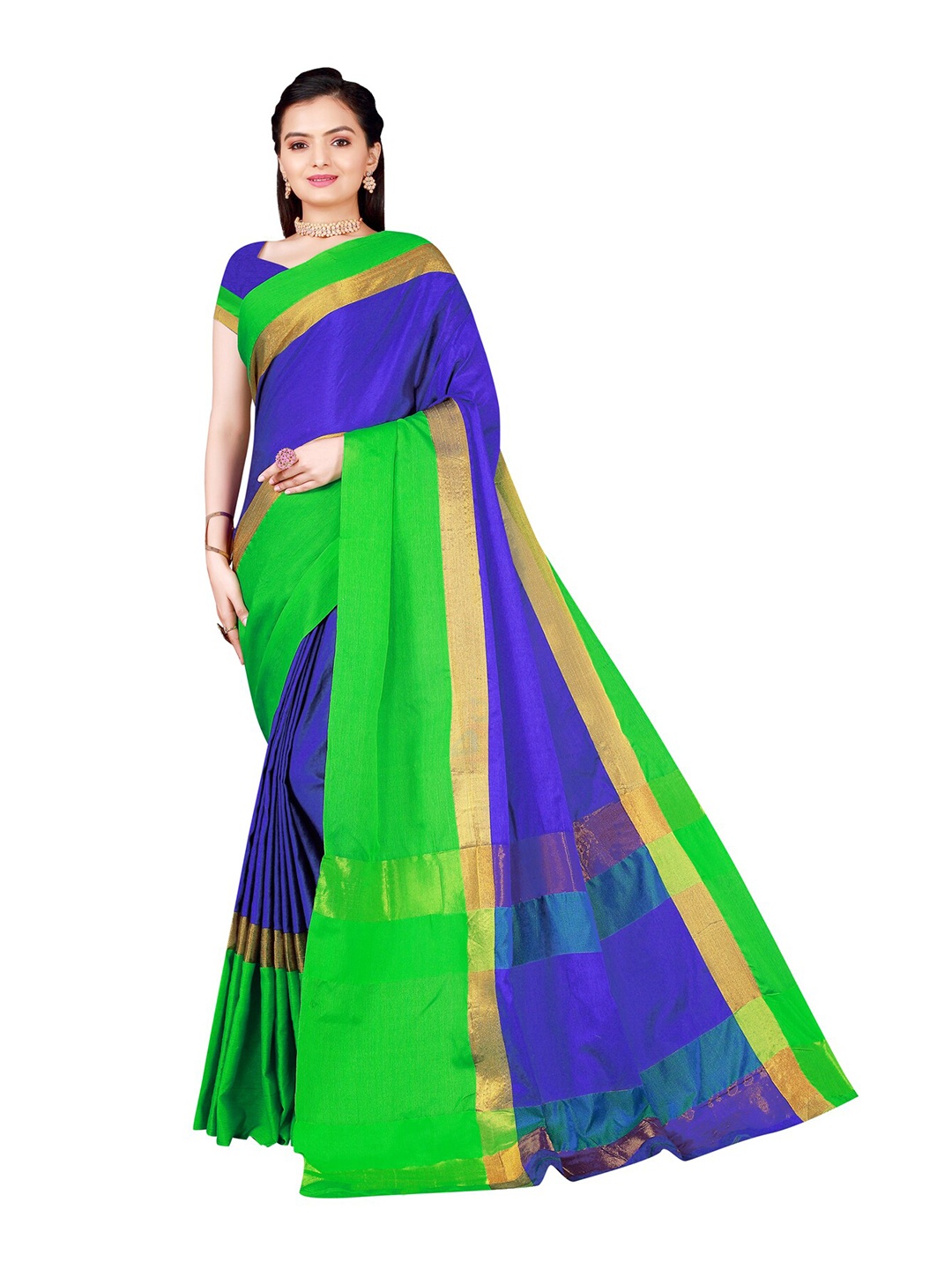 

SAADHVI Blue & Green Zari Silk Cotton Saree